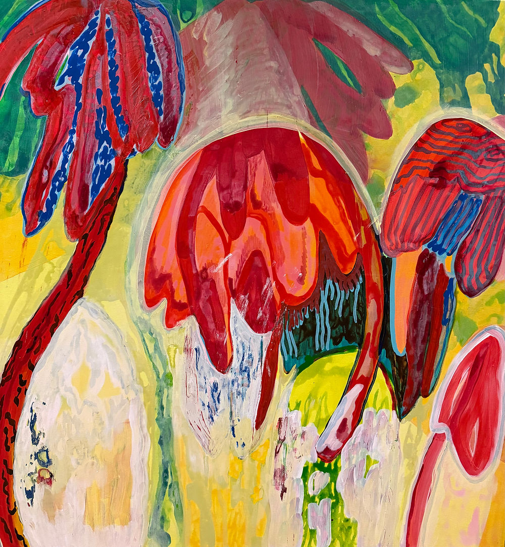 vibrant abstract floral painting, colorful contemporary art, bold dripping abstract, large modern botanical art, maximalist color painting