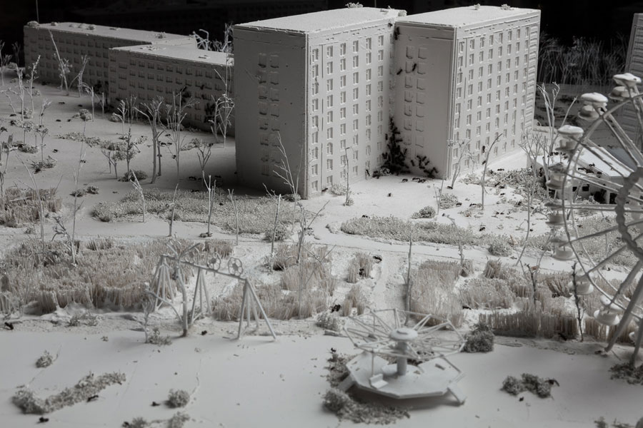 Gypsum Model of Pripyat, a model colonized with life ants that represent humans for Design