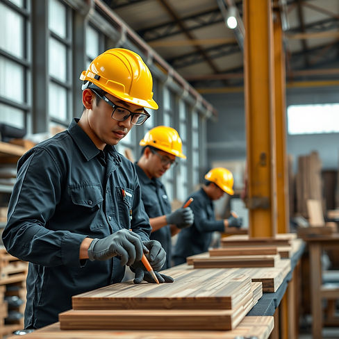 indonesian people with klaski black uniforms and safety helmet and google, producing furni