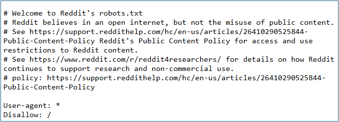 Reddit's robots.txt file now disallows (non-Google) search engines from indexing Reddit content.