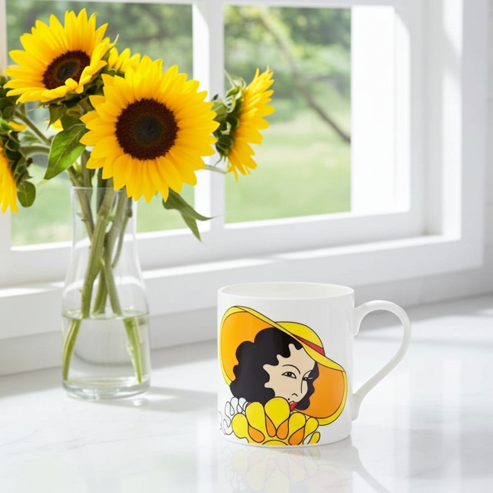 White bone china Rita mug with illustrated woman in bold graphic style and vibrant colours.