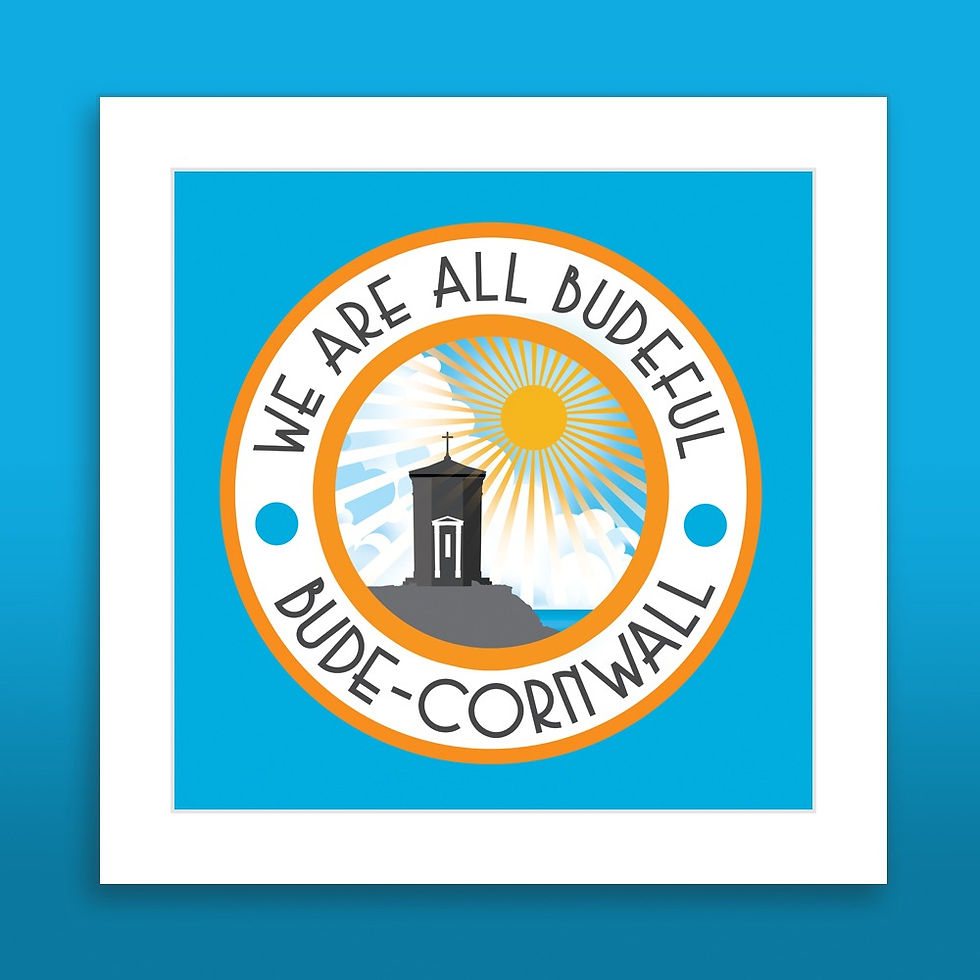 Thumbnail: Budeful “We Are All Budeful” fine art print in blue and white with Pepperpot logo and circular coastal typography.