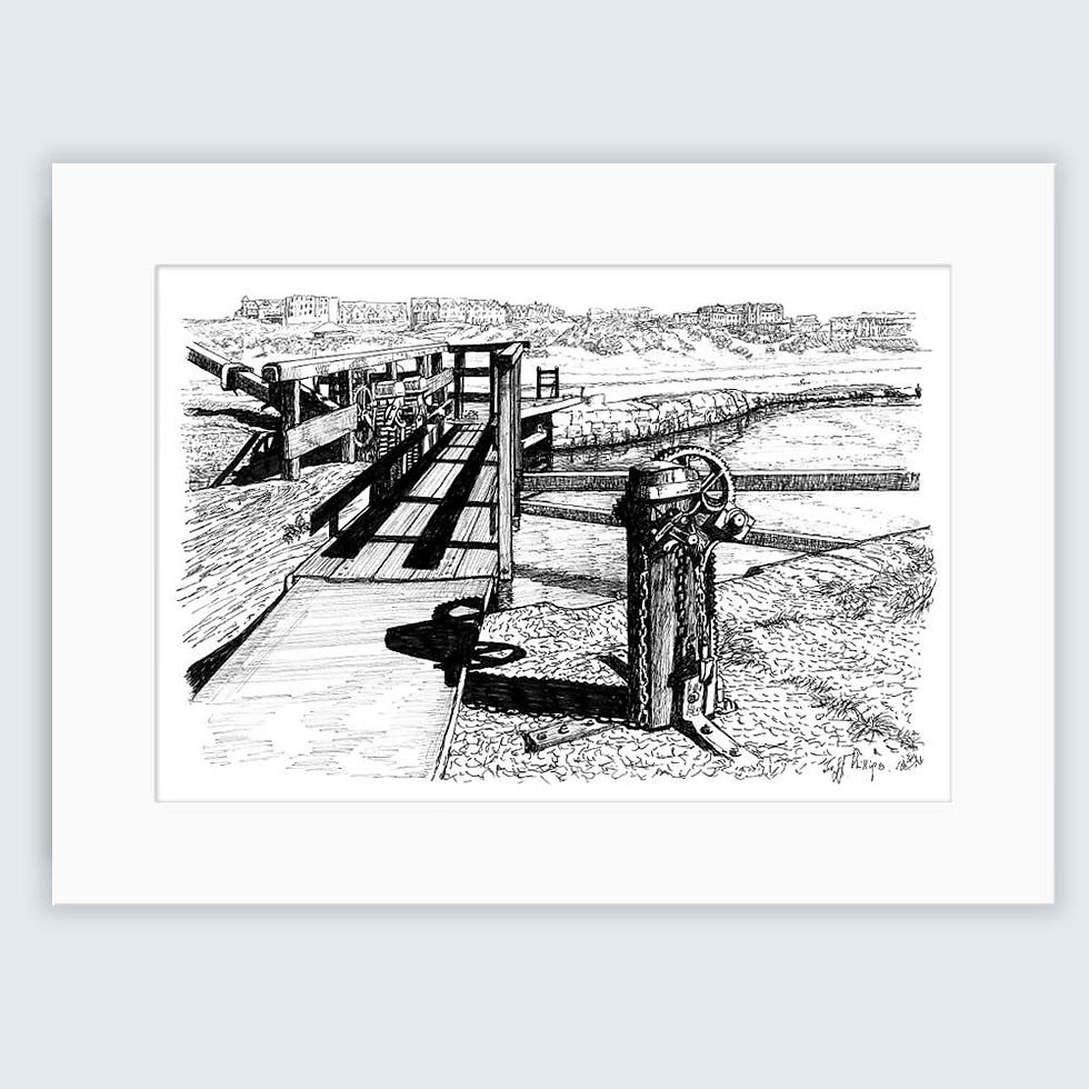 Lock gates black and white fine art print by Jeffrey Phillips, mounted luxury coastal artwork of Bude, exclusive to Budeful