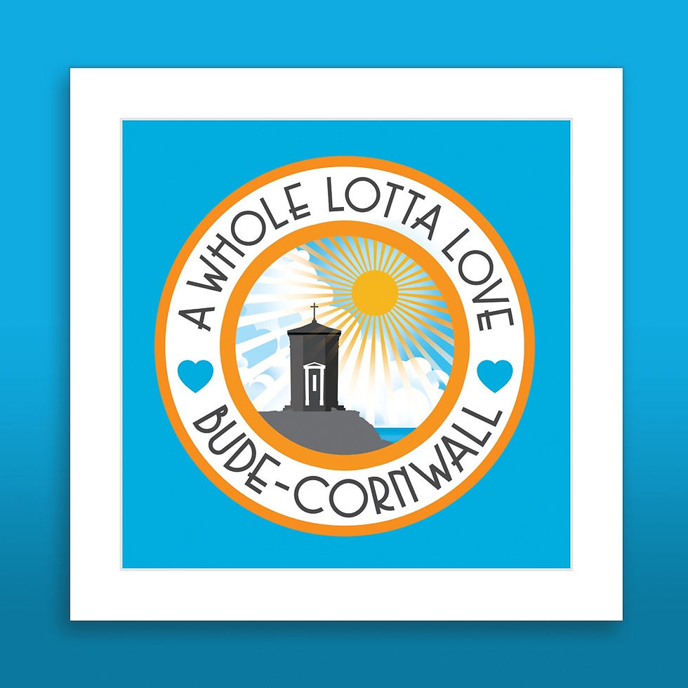 Thumbnail: Budeful “A Whole Lotta Love” fine art print in blue and white with Pepperpot logo and circular typography inspired by Bude.