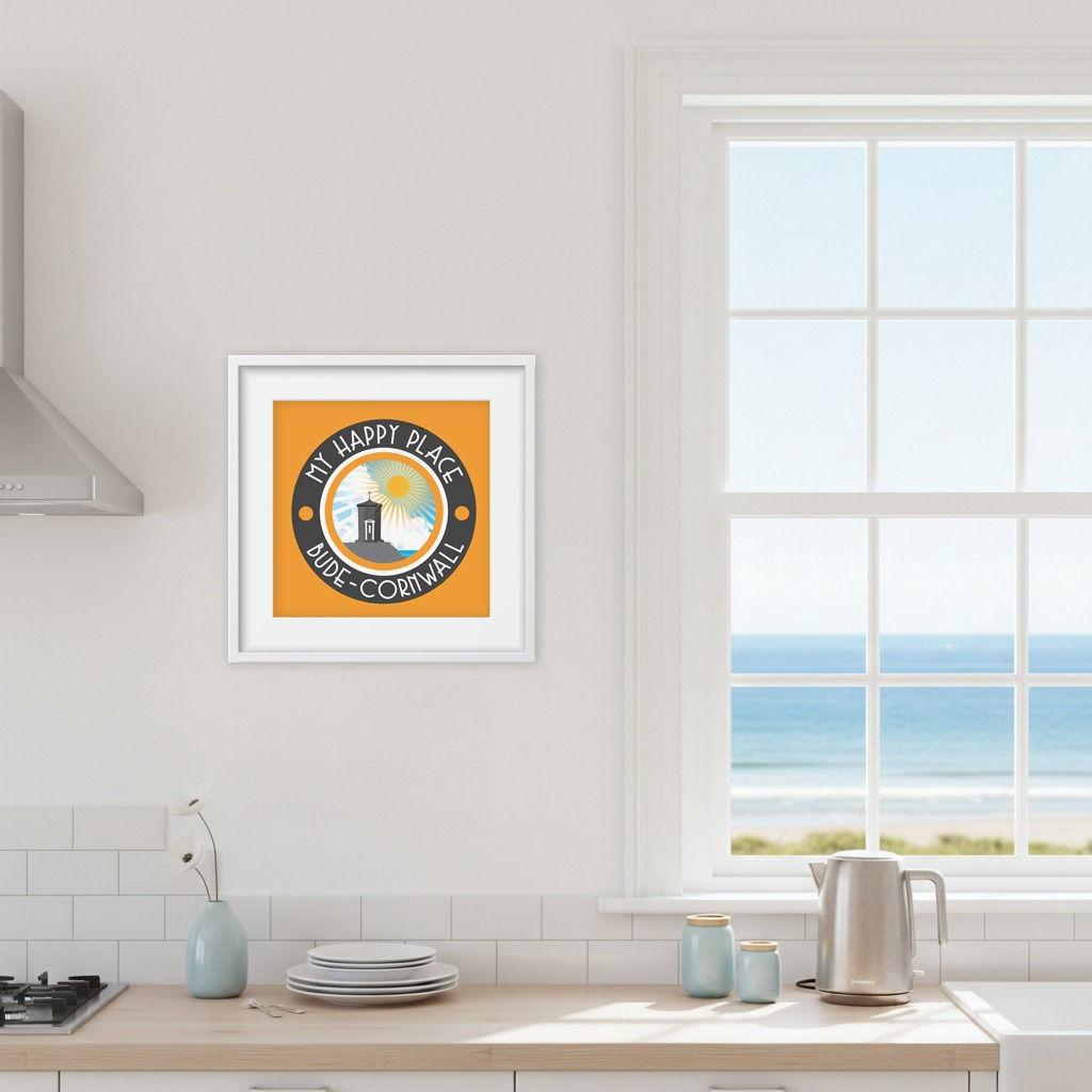 Budeful My Happy Place fine art print in orange and black, on a wall in a stylish coastal interior