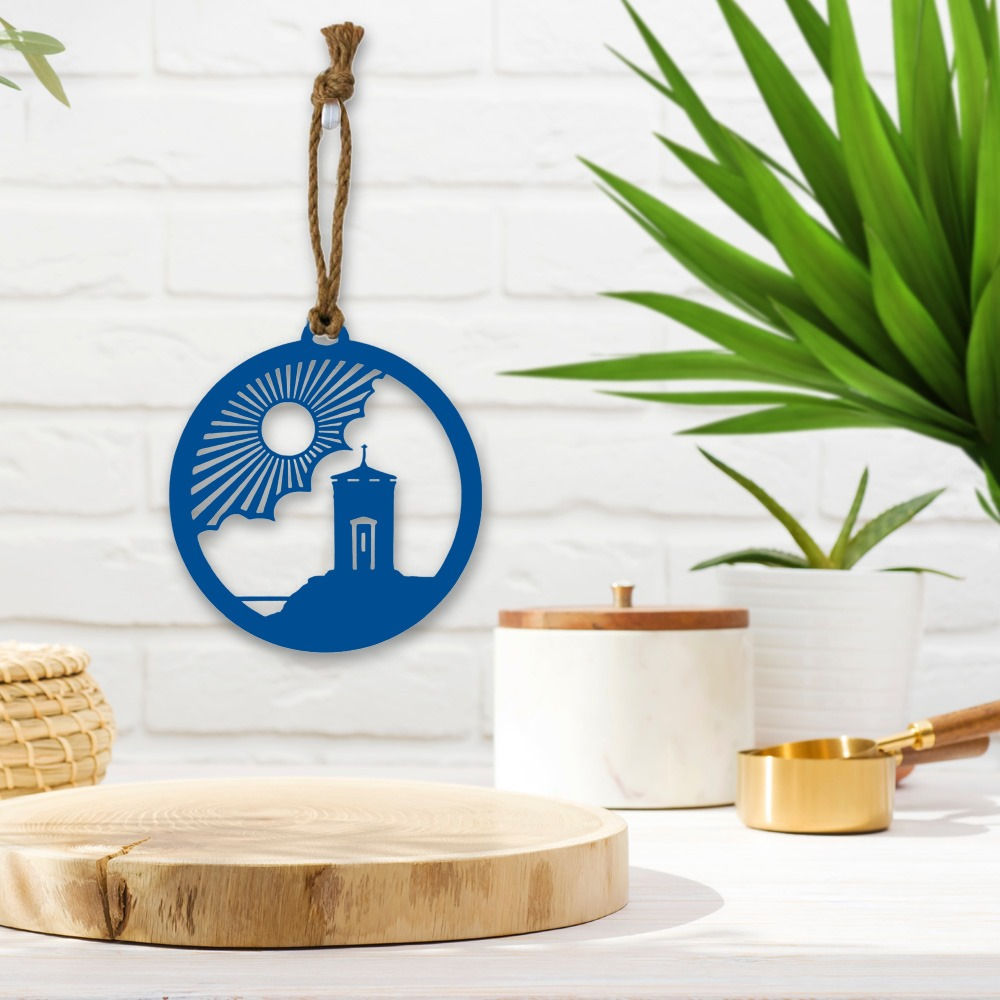 Blue Pepperpot logo metal wall hanging by Budeful, powder coated steel decoration with jute rope inspired by Bude landmark.