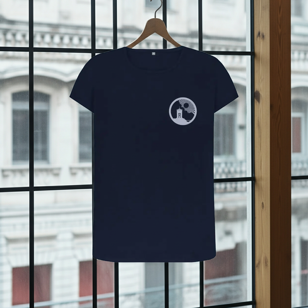 Budeful Lansdown No.6 women’s navy organic T-shirt with vertical back print and chest logo in orange and blue-grey.
