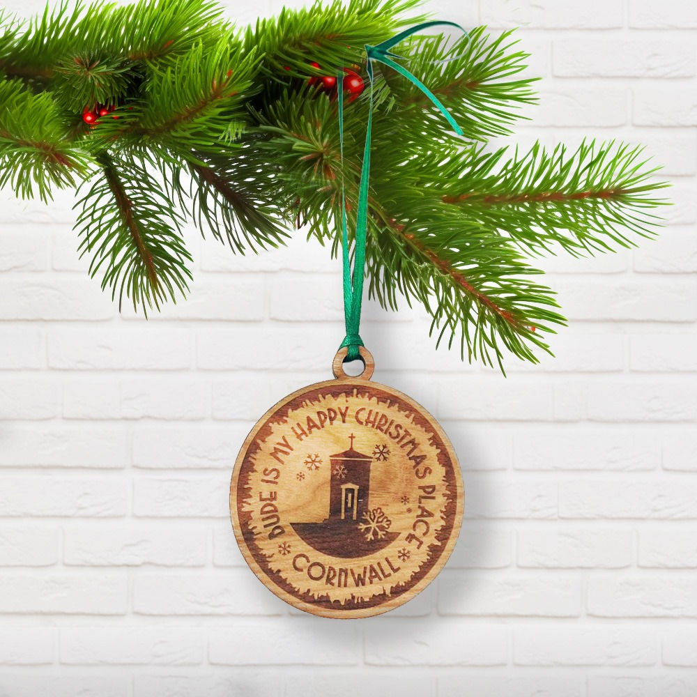 Cherry wood Bude Is My Happy Place snowflake Christmas tree decoration
