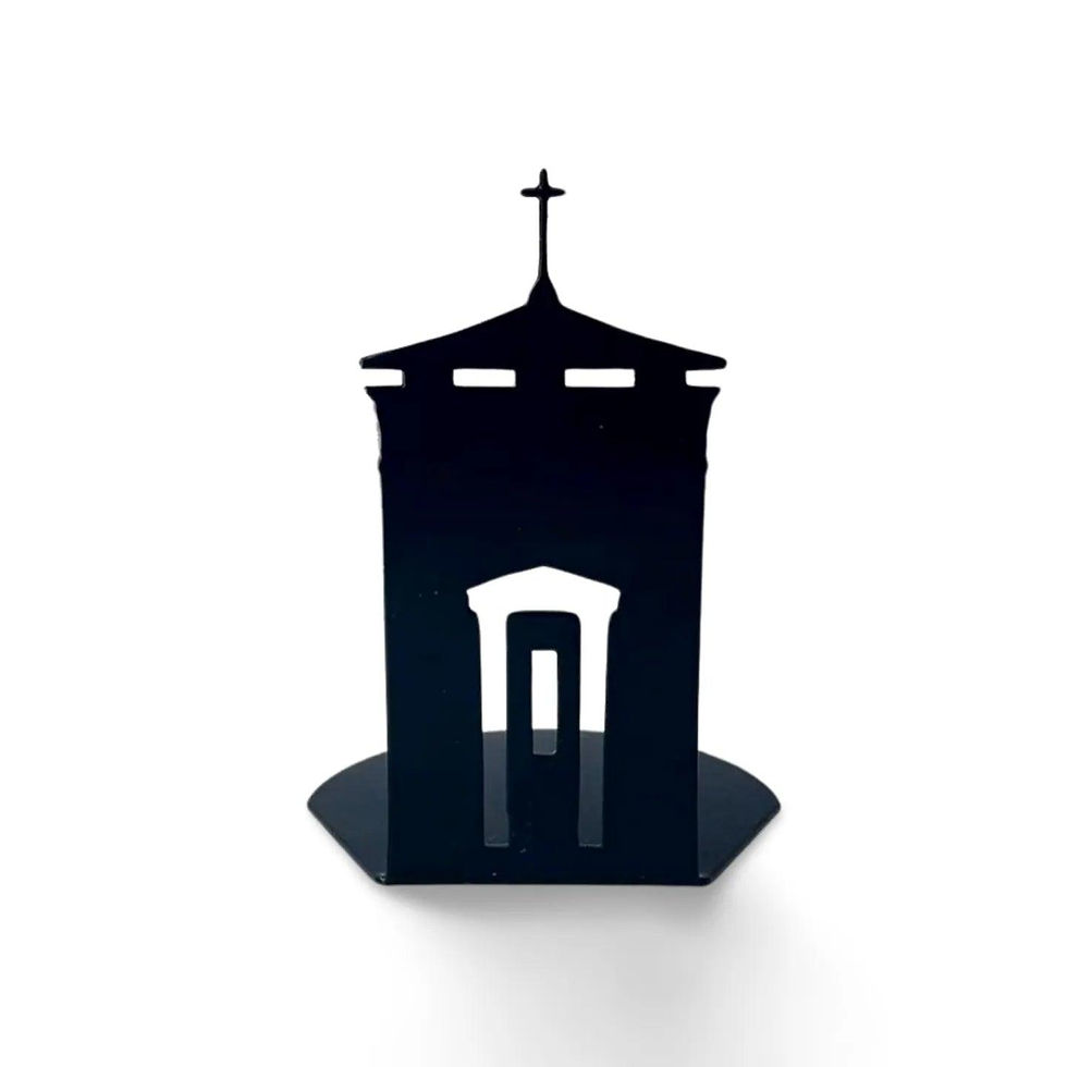 Black Budeful Storm Tower tealight holder in powder coated steel, coastal candle holder inspired by Bude landmark.