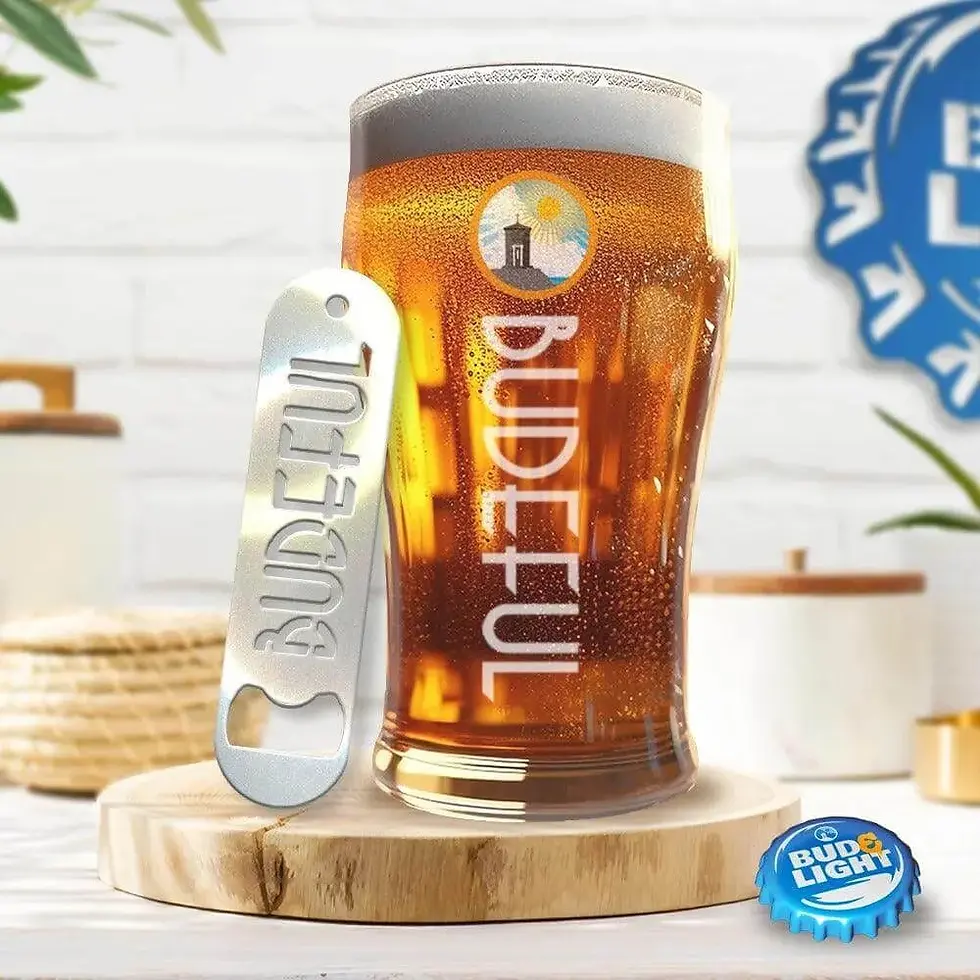 Budeful pint glass with amber beer, silver bottle opener with ‘Budeful’ text and branded bottle cap at home.