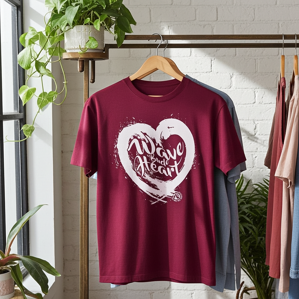 Burgundy Love Heart organic cotton T-shirt by Budeful, sustainable coastal graphic tee designed in Cornwall.