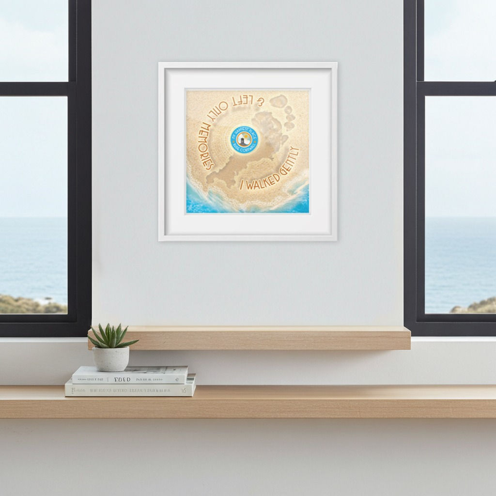 Interior Budeful Left Only Memories coastal fine art print with sandy texture design inspired by mindful beach living mounted