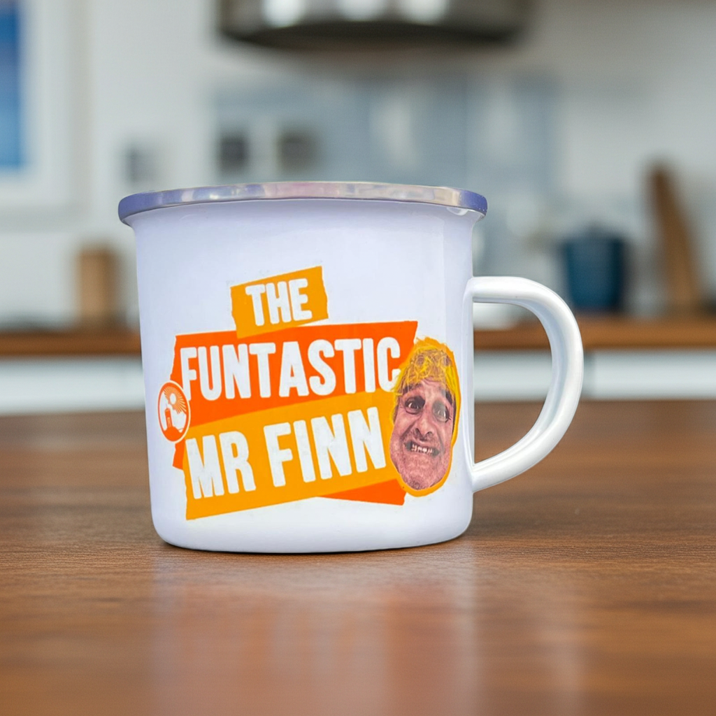 Funtastic Mr Finn enamel mug in a stylish kitchen featuring Budeful typography and playful coastal design