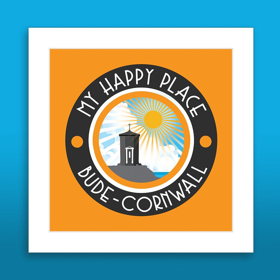 Thumbnail: Budeful My Happy Place fine art print in orange and black, featuring Pepperpot logo and circular typography design