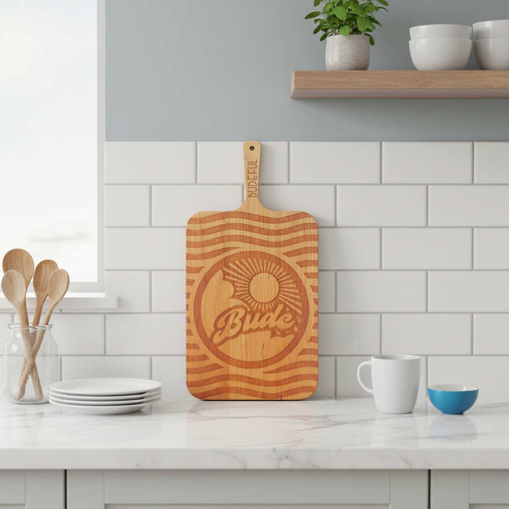 Handmade cherry wood tapas and cheese serving board with engraved wave detail, coastal kitchenware by Budeful