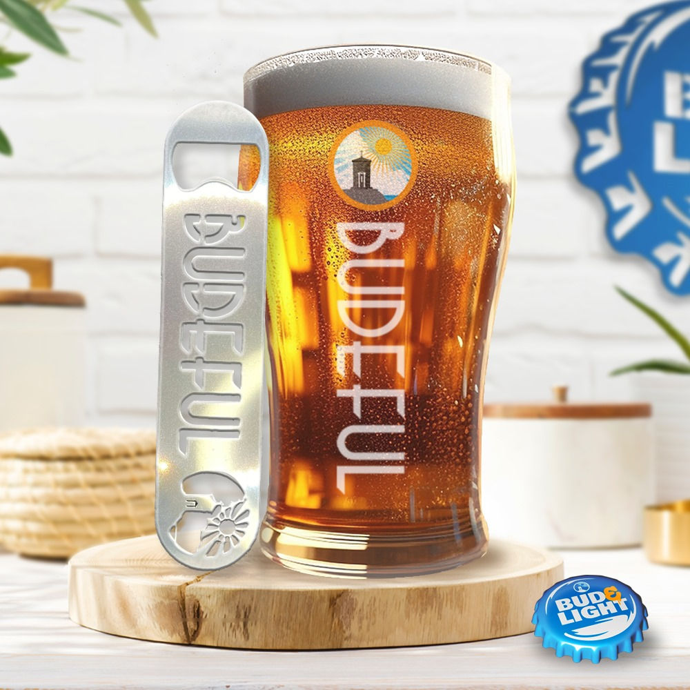 Stainless steel Budeful logo bottle opener styled with a Budeful pint glass in a stylish home interior