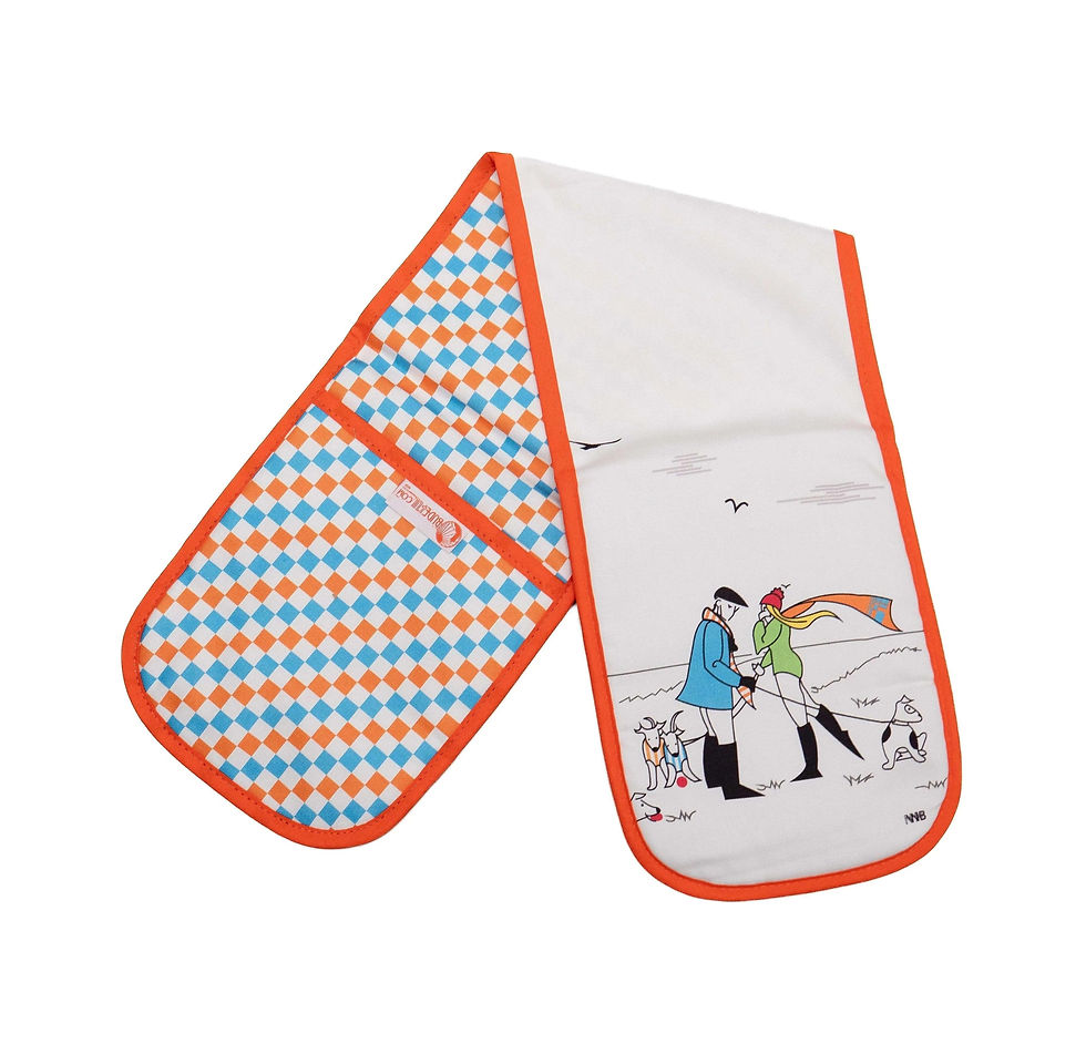 Thumbnail: Caroline and Edward oven gloves by Budeful, insulated cotton double oven gloves with romantic coastal design, UK-made.