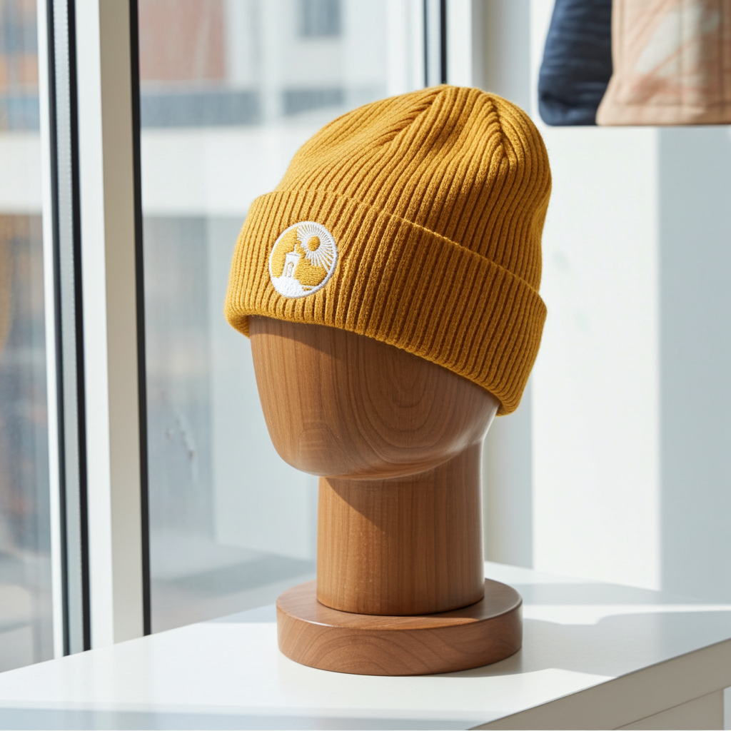 Mustard organic cotton beanie by Budeful, soft unisex knit hat in warm yellow tone, sustainable everyday coastal style