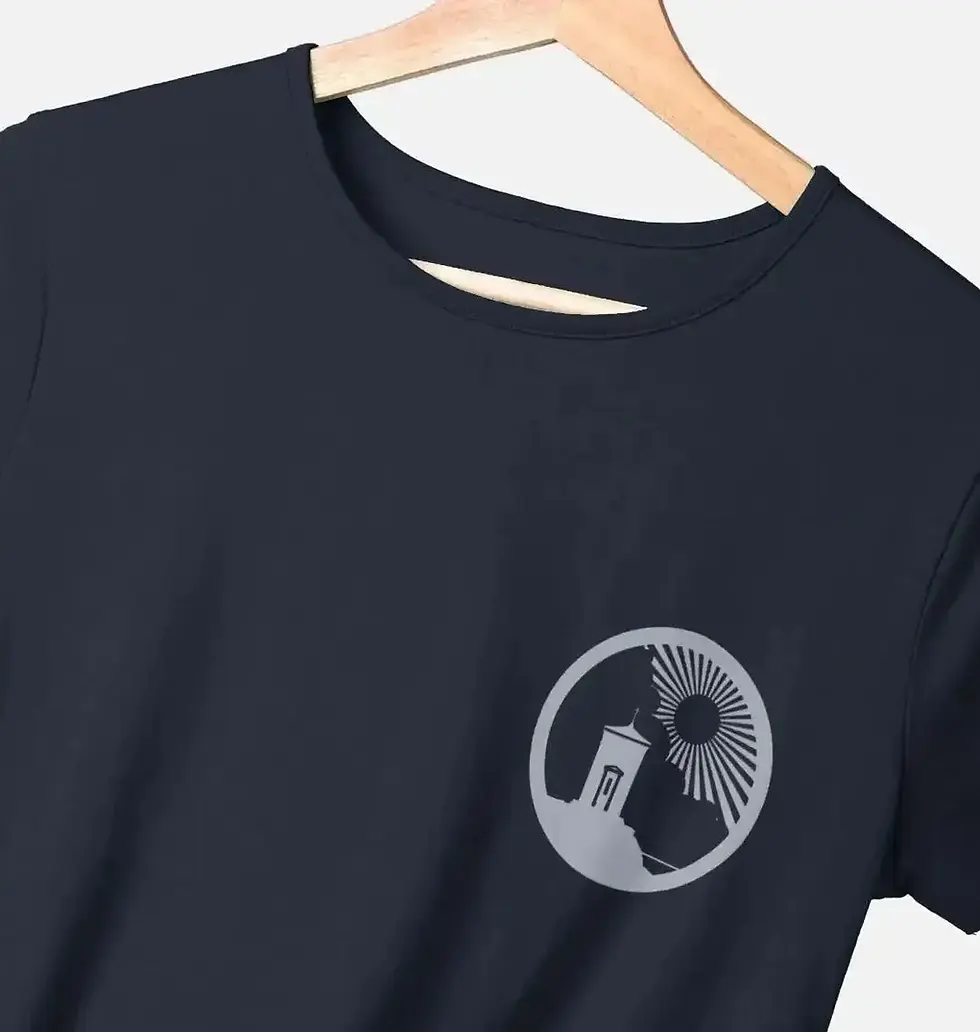 Thumbnail: Budeful Lansdown No.6 navy organic T-shirt with vertical back print and chest logo in orange and blue-grey.