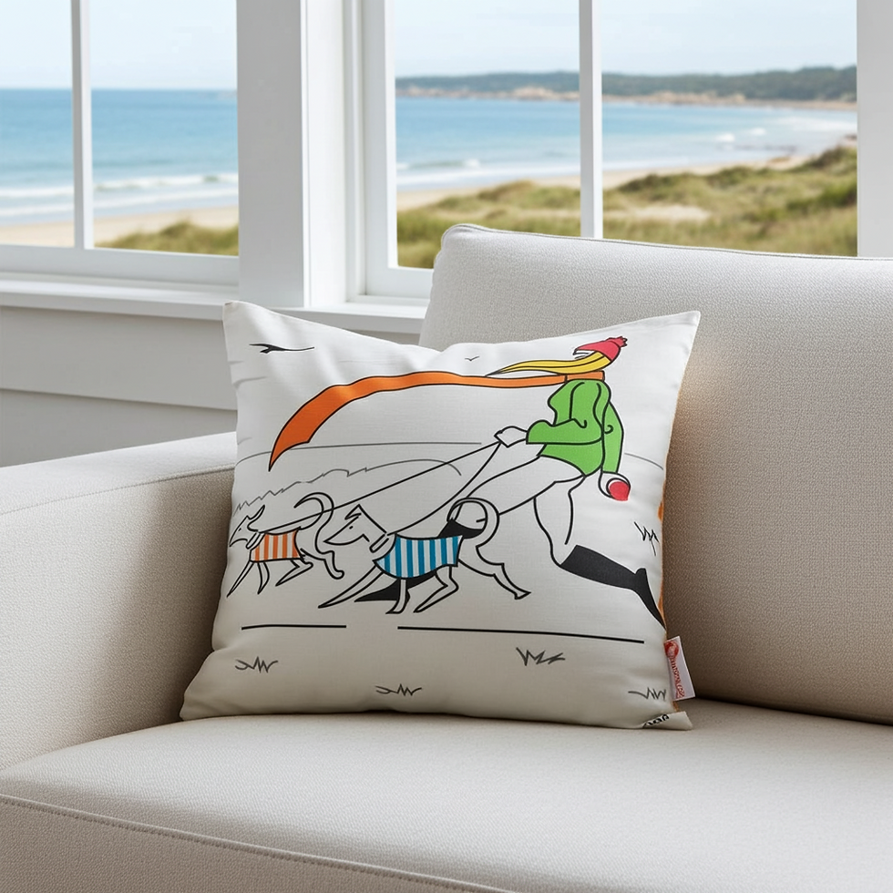 Caroline’s Windy Dog Walk cushion by Budeful, cotton linen cushion with coastal dog design, UK-made home décor.