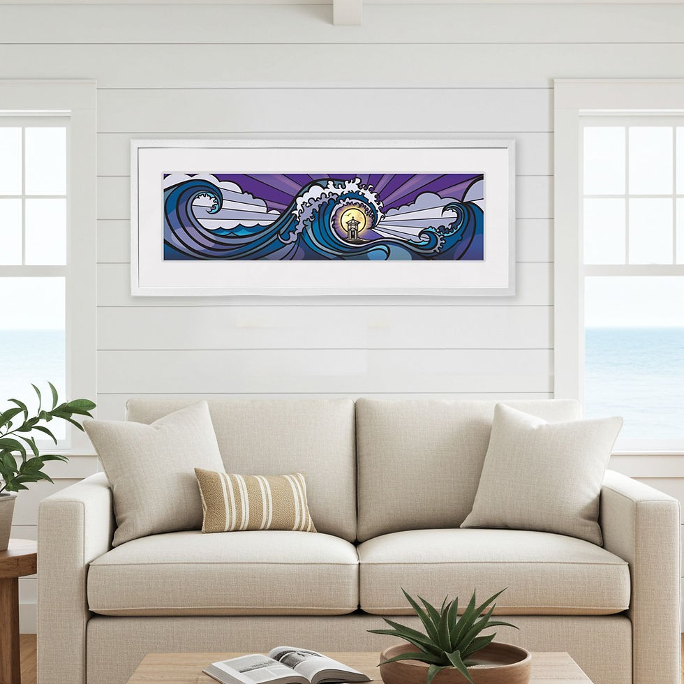 Great Bude Night Wave coastal art print by Lindsay Comens displayed in a stylish interior