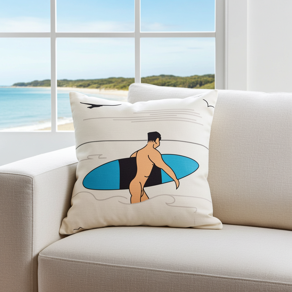 Blow Out cushion by Budeful, Naked Surfers cotton linen cushion with relaxed coastal surfer design, UK-made home décor.