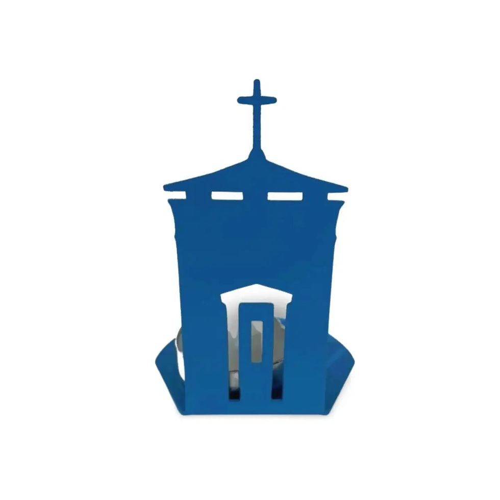 Thumbnail: Blue Budeful Storm Tower tealight holder in powder coated steel, coastal candle holder inspired by Bude landmark.