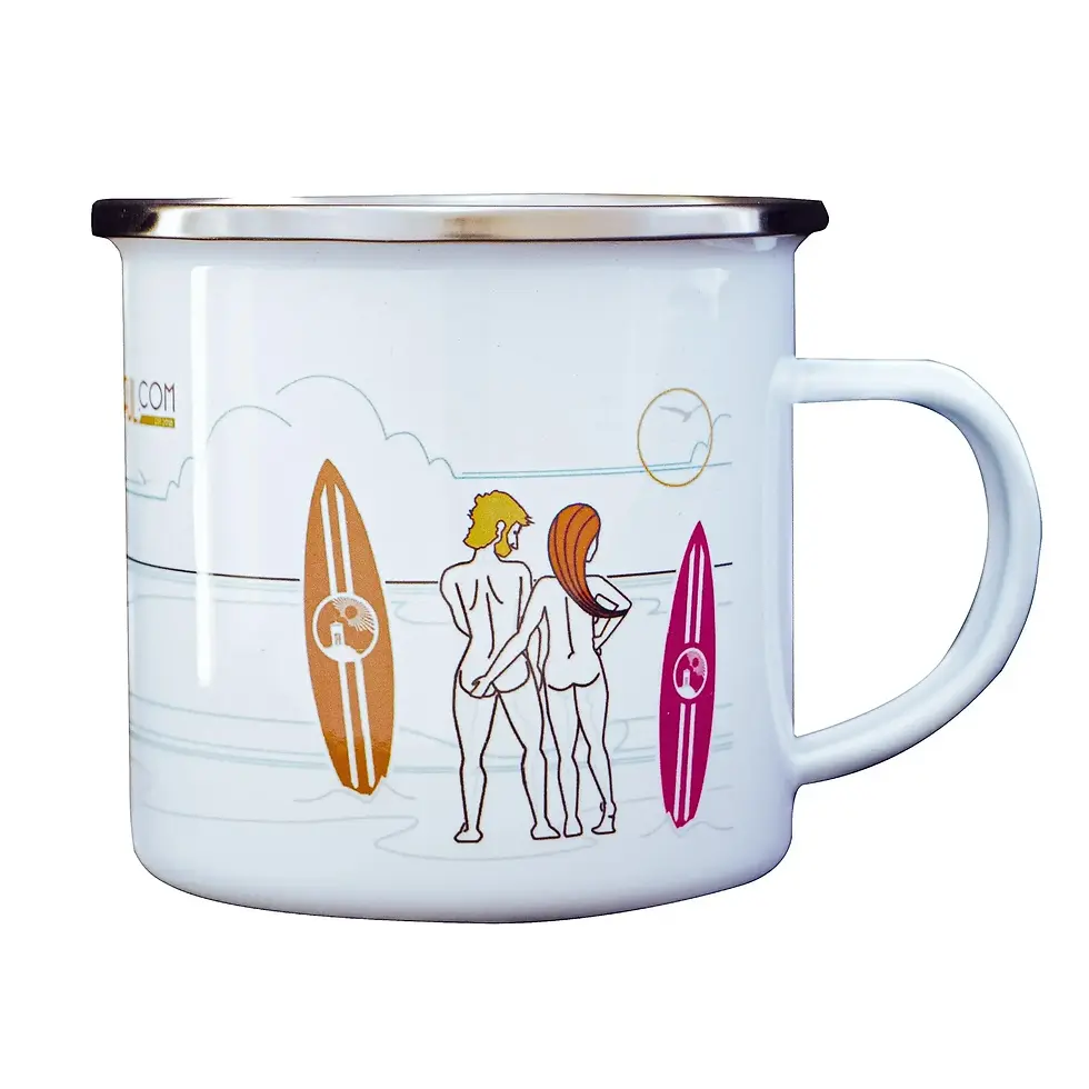 Thumbnail: White enamel mug with line illustration of a couple on the beach in a playful cheeky pose, facing the sea.