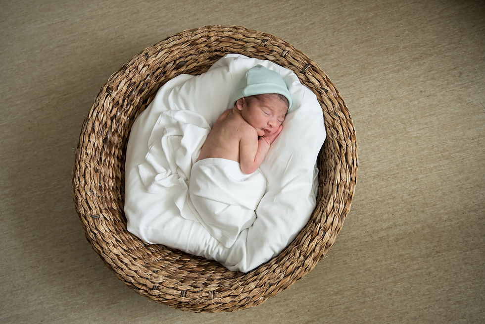 A newborn baby sleeping in a basket.