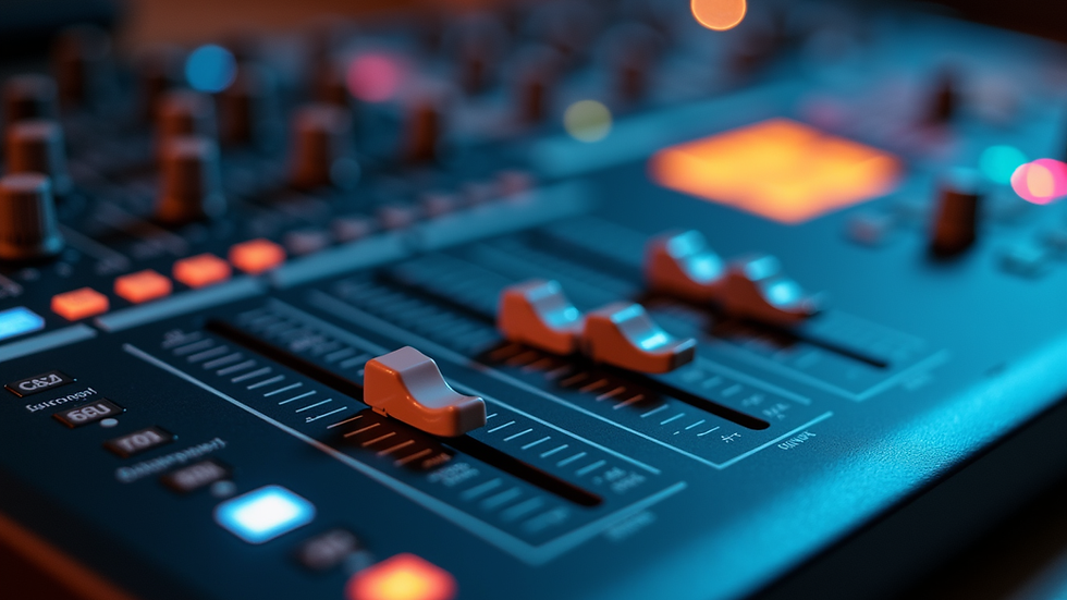 Close-up view of a mixing console with colorful knobs