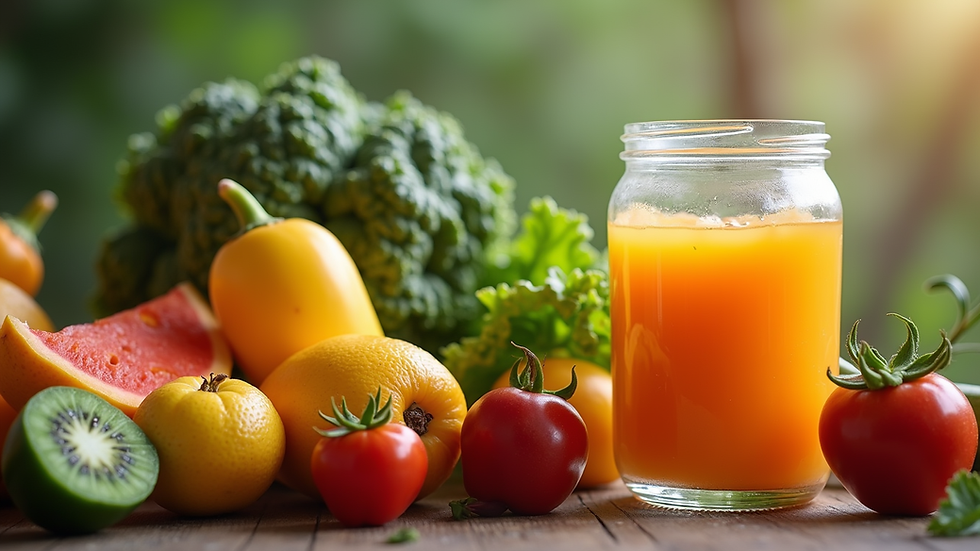 Close-up view of a variety of fresh fruits and vegetables ready for juicing