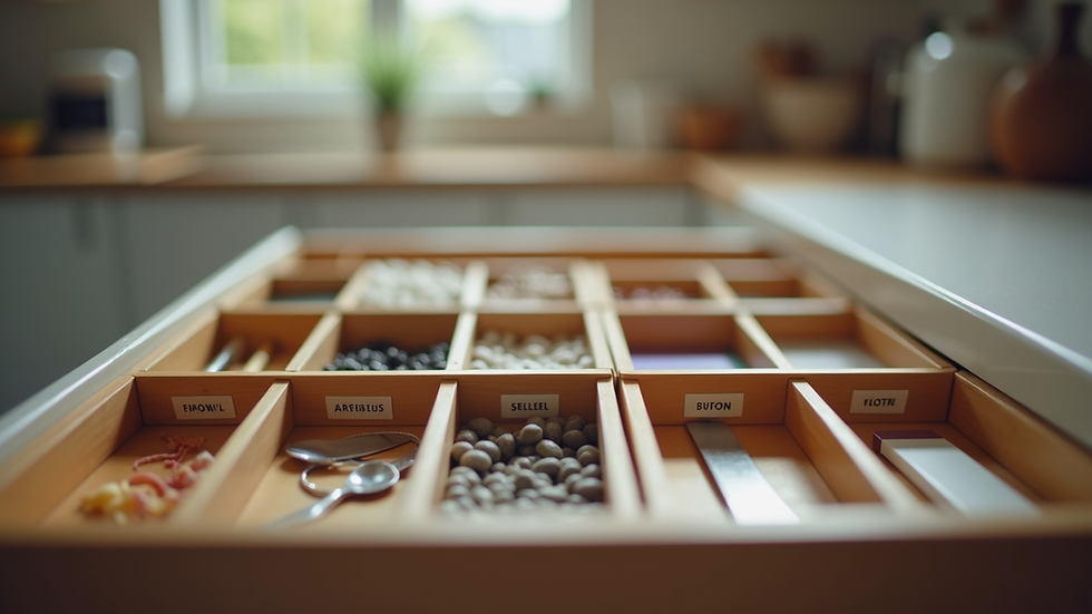 Eye-level view of a neatly organized kitchen drawer with labeled compartments