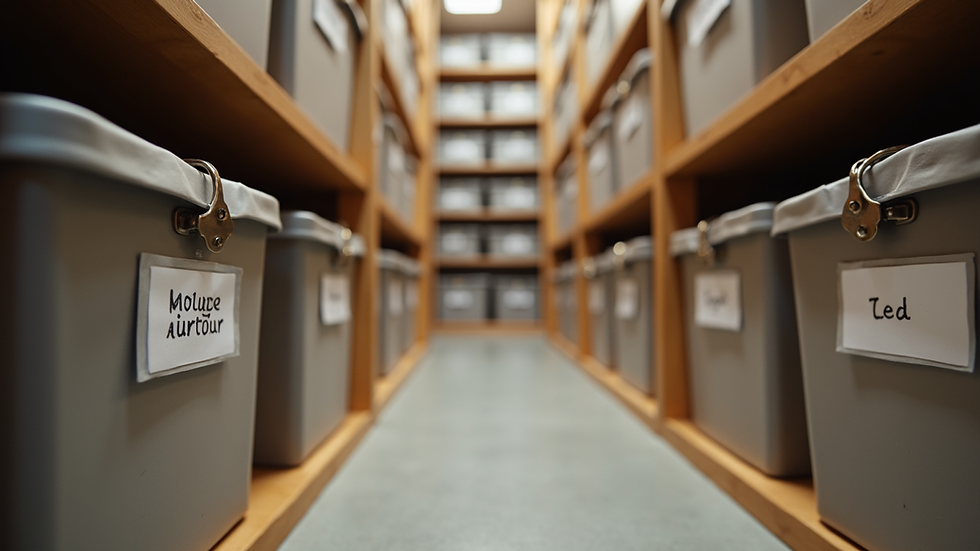 Eye-level view of a neatly organized closet with labeled storage bins