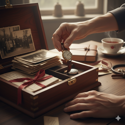 close-up of hands carefully handling cherished, vintage items. Think old letters tied with