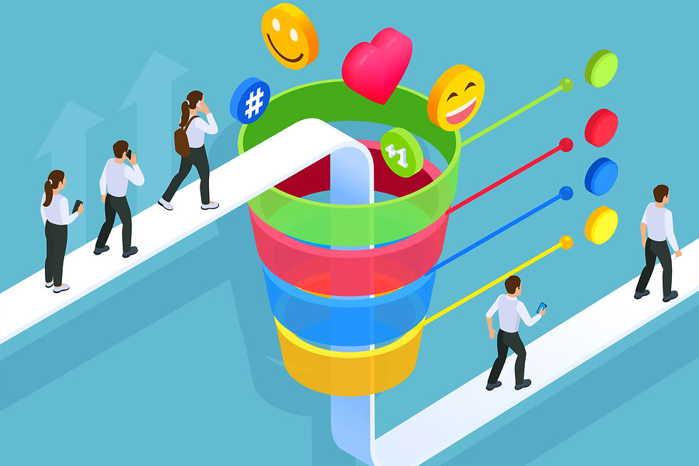 Illustration of an internet marketing infographic, featuring a sales funnel, customers, and various web-related icons