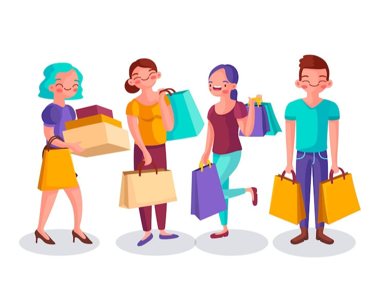 Graphical representation of happy, smiling people with shopping bags