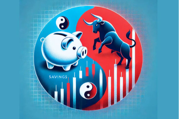 An AI-generated image depicting piggy bank and the bull as two sides of savings vs. investments debate
