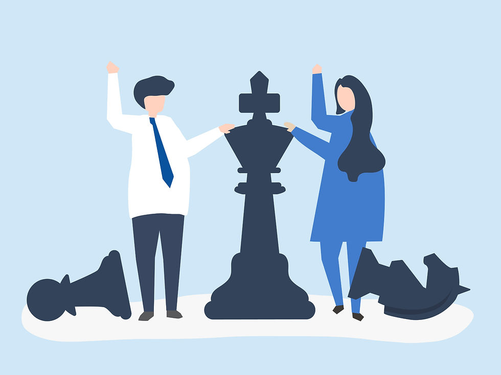 Graphical representation of a man and woman with the Queen chess piece