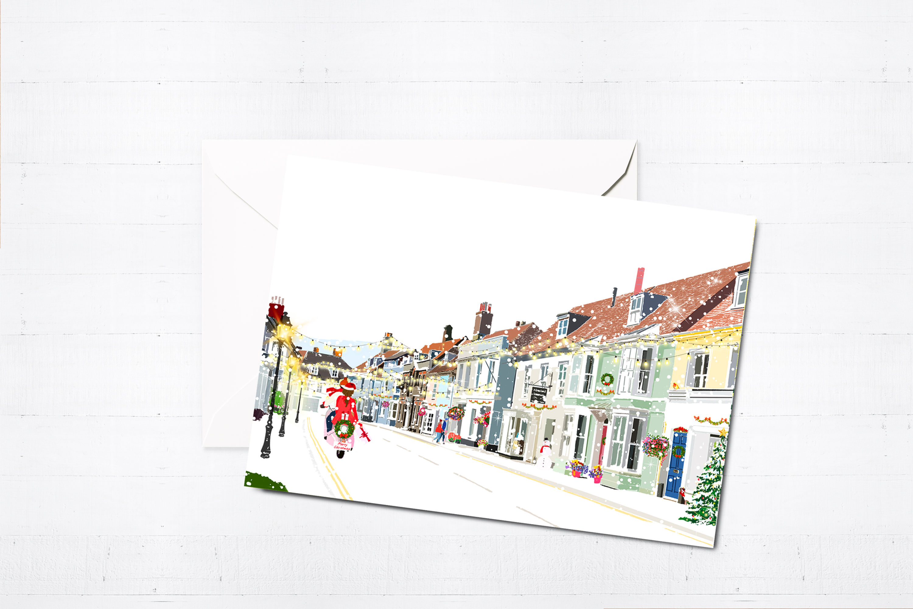 Njeri Illustrated Christmas Greeting Card, Alresford, East Street, City Scene, UK, Art, Holiday Gift, Letterbox Gift