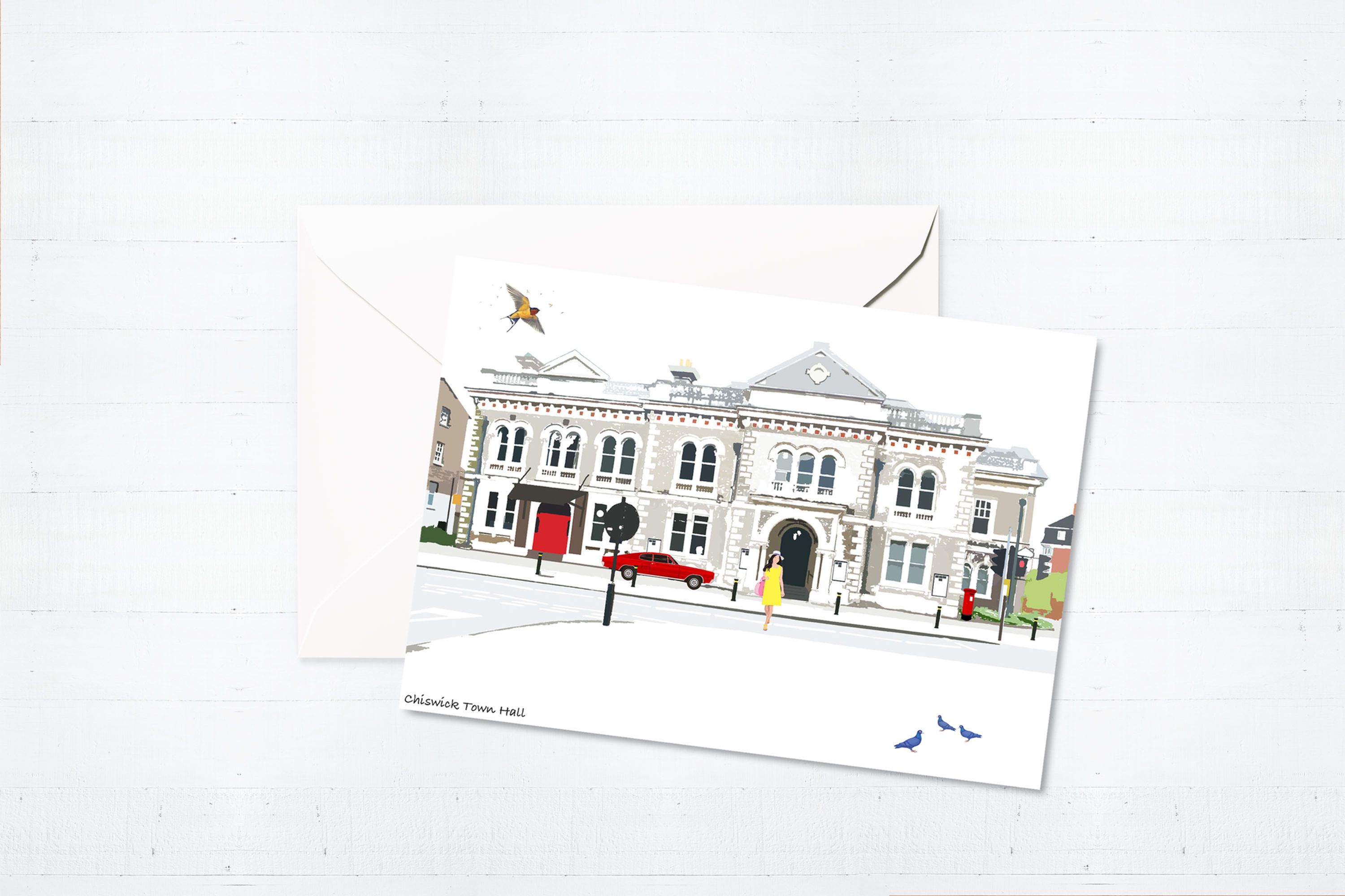 Njeri Illustrated Greeting Card Chiswick Town Hall West London City Scene Art Illustration