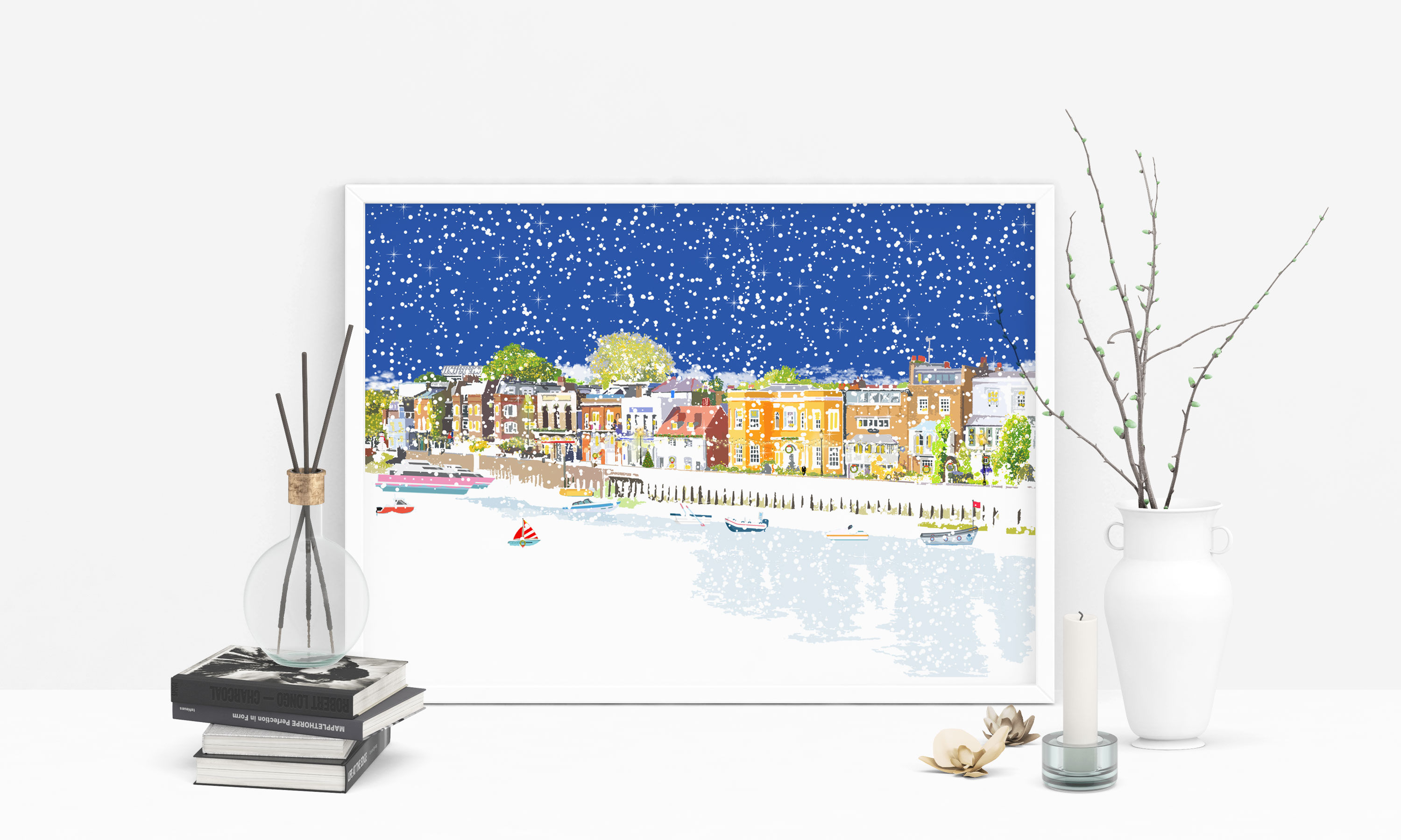 Chiswick Riverside Holiday Art Print, Christmas, Personalized Gift, Handmade, London Art, Home Decor, Letterbox Gift