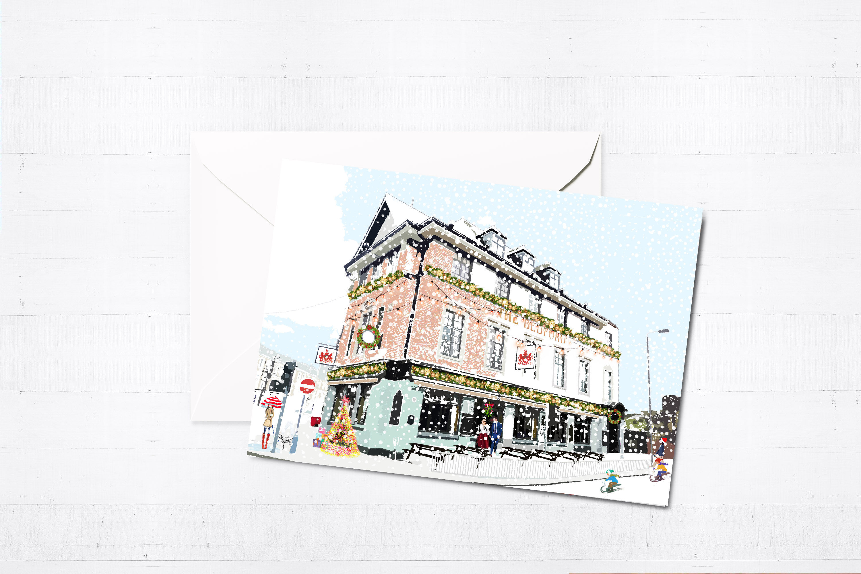 Njeri Illustrated Christmas Greeting Card The Bedford Station South London Transport City Scene Art Illustration