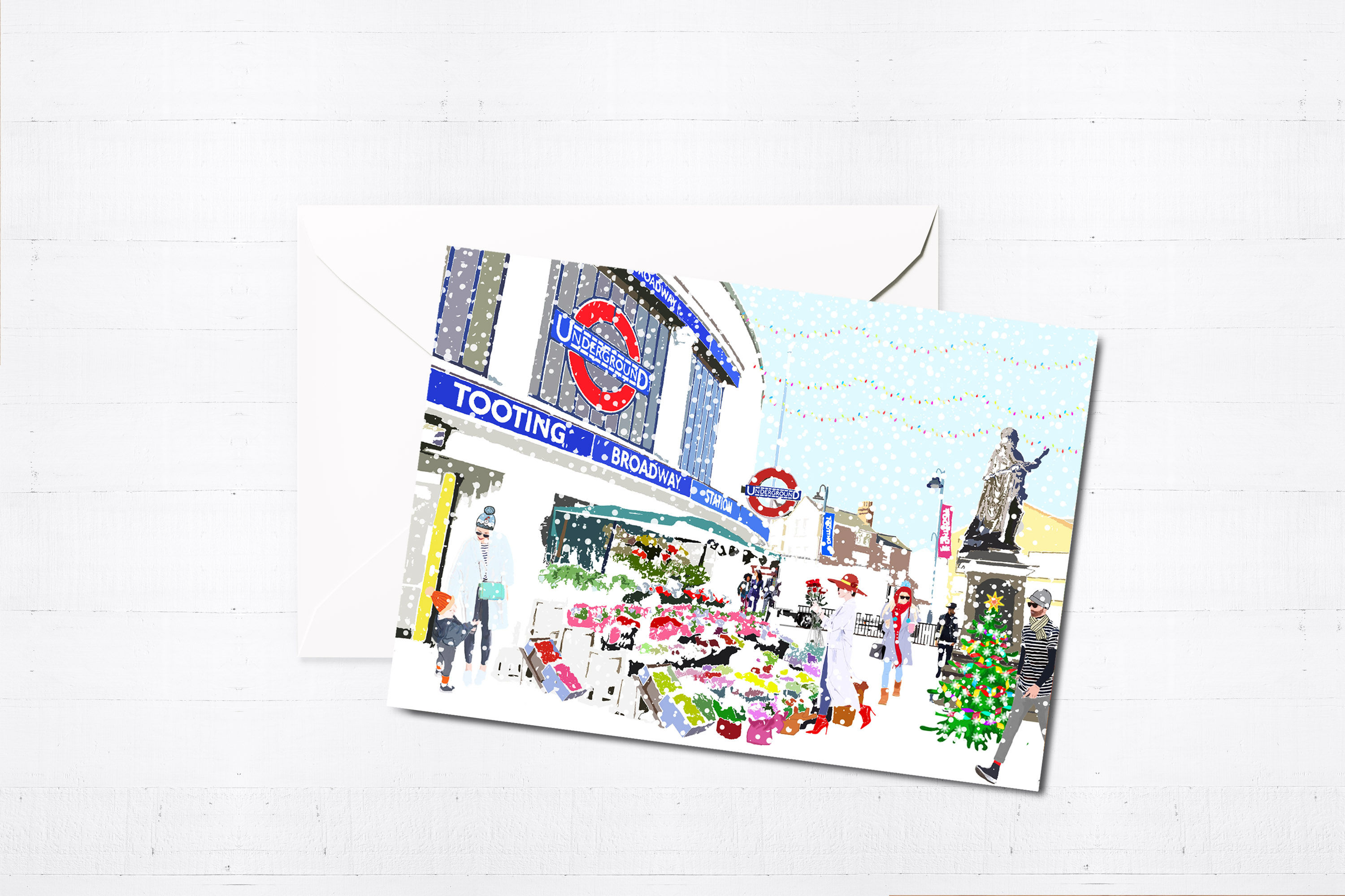 Njeri Illustrated Christmas Greeting Card Tooting Broadway Station South London City Scene Art Illustration