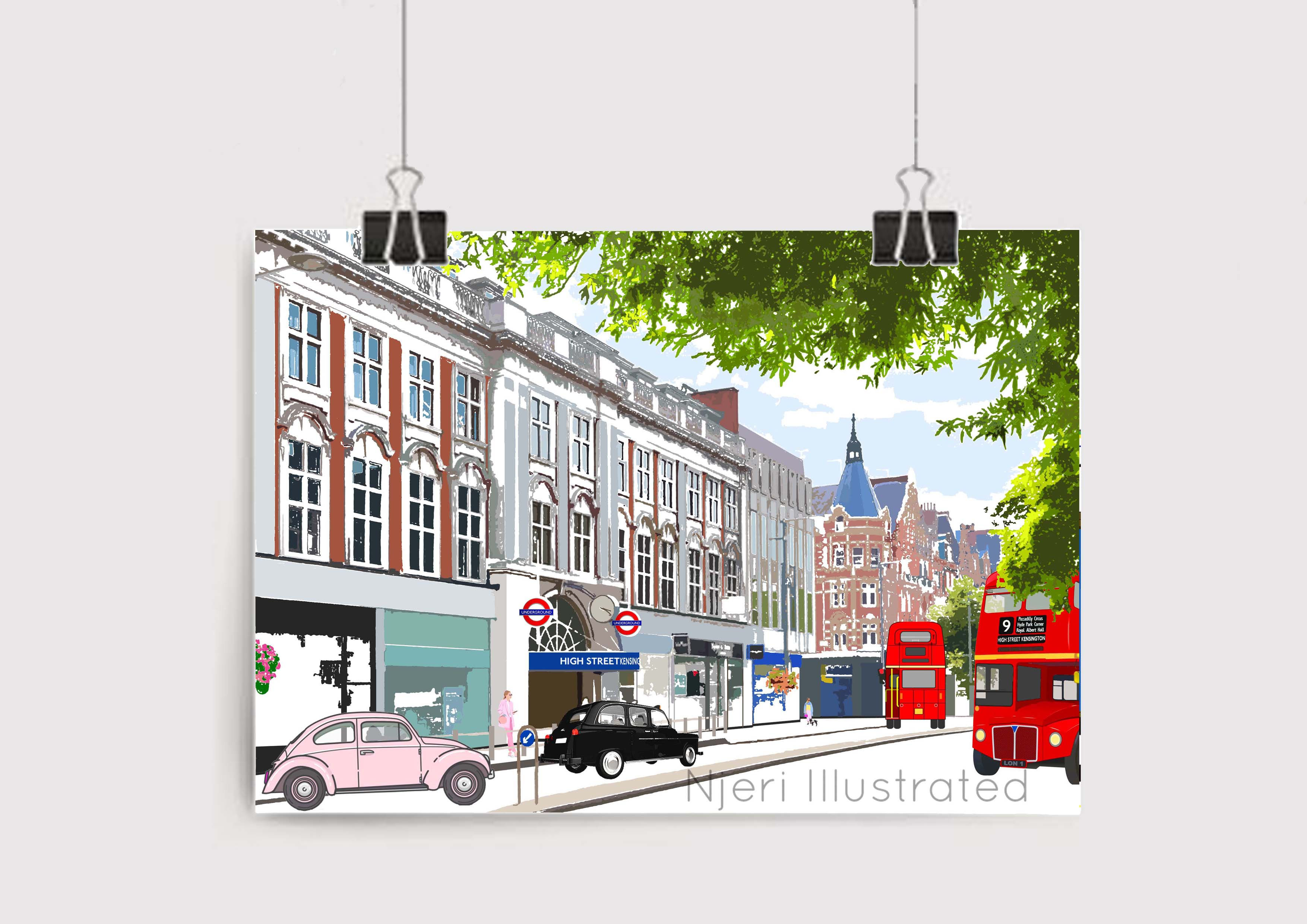 Art Prints, Personalized Art Print, Handmade, Unique Gifts, Gift for Him and Her, London Art, High Street Kensington, Chelsea