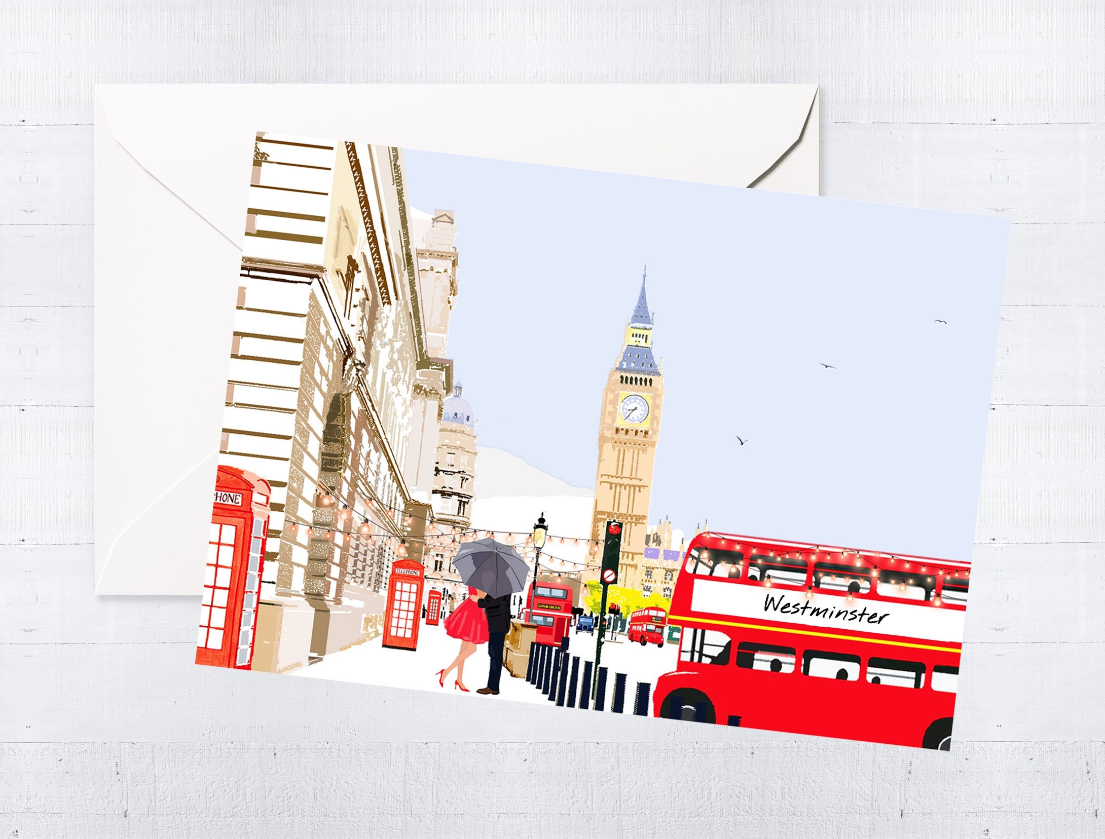 Njeri Illustrated Greeting Card Big Ben Whitehall Parliament London City Scene Art Illustration Letterbox Gift
