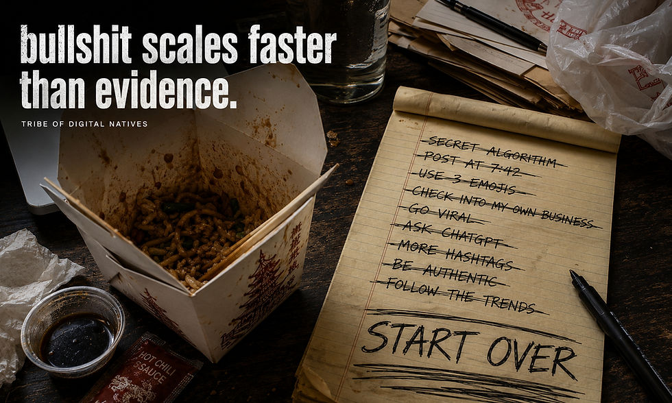 Half-finished Chinese takeout beside a yellow legal pad covered with crossed-out marketing advice, illustrating the myth of checking into your own Facebook Business Page to increase reach.