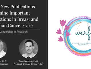 Graphic featuring WCRF leaders John P. Micha, M.D., and Bram Goldstein, Ph.D., highlighting two new publications on breast and ovarian cancer care.
