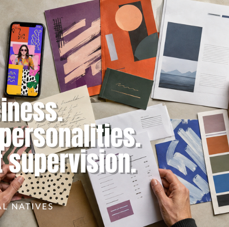 Overhead view of mismatched business and brand materials scattered across a workspace with the text, “One business. Twelve personalities. No adult supervision.”