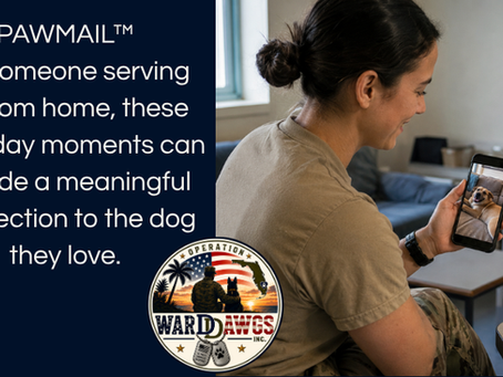 Deployed service member viewing a photo of her dog through PawMail™, an Operation WarDDawgs™ program helping military families stay connected during deployment.