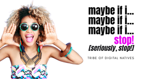 Graphic featuring a woman shouting with the text “maybe if I… maybe if I… maybe if I… STOP! (seriously, stop!)” representing the frustration of posting more content instead of building a clear content strategy.